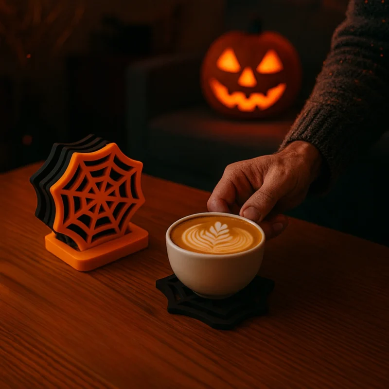 Ein schwarz-oranges Spinnennetz Untersetzer Set aus dem 3D-Drucker, auf dem eine Kaffeetasse neben einem leuchtenden Halloween-Kürbis steht.