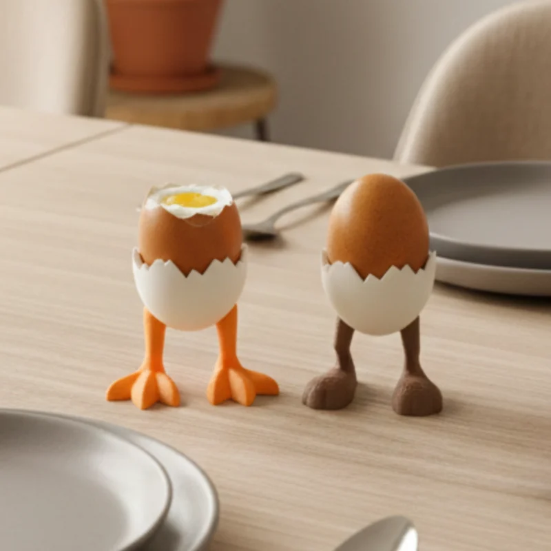 Zwei lustige Eierbecher mit Beinen aus dem 3D-Drucker, dekoriert mit leckeren Eiern auf einem elegant gedeckten, hellen Holztisch.