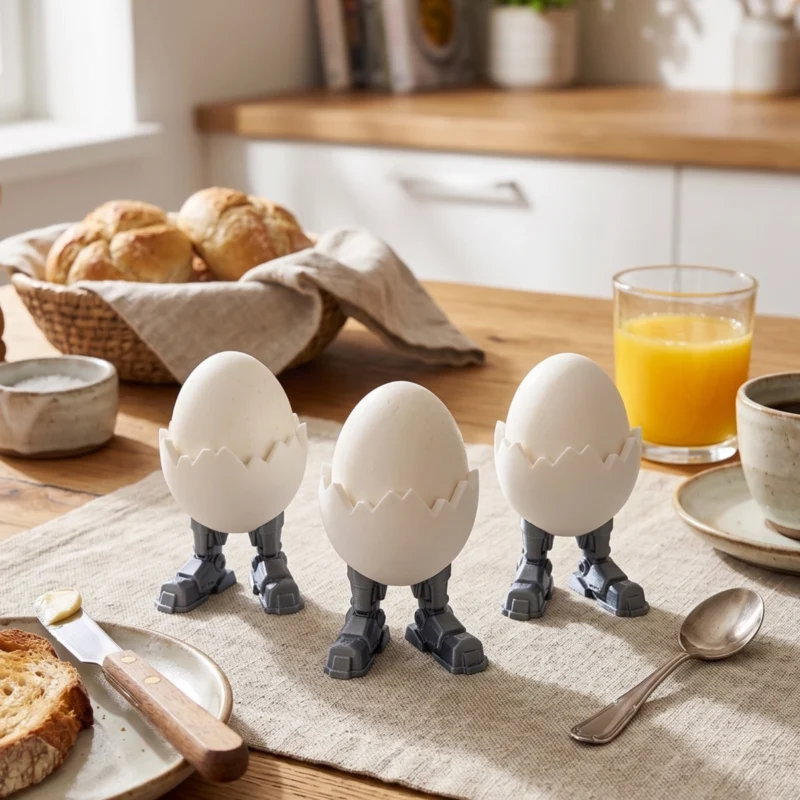 Ein cooler Roboter Eierbecher aus dem 3D-Drucker, in dem ein weisses Ei steckt, dekoriert auf einem morgendlichen Frühstückstisch mit Brot und Orangensaft.