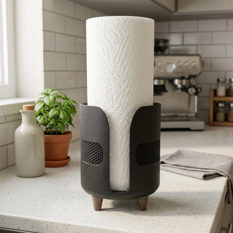 Ein mattschwarzer moderner Küchenrollenhalter aus dem 3D-Drucker, der eine weisse Papierrolle stilvoll auf einer hellen Küchenarbeitsplatte präsentiert.