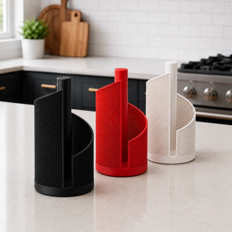 Ein moderner Küchenrollenhalter KIMO aus dem 3D-Drucker, der stilvoll in verschiedenen Farben wie Schwarz, Rot und Weiss auf einer hellen Küchenarbeitsplatte präsentiert wird.