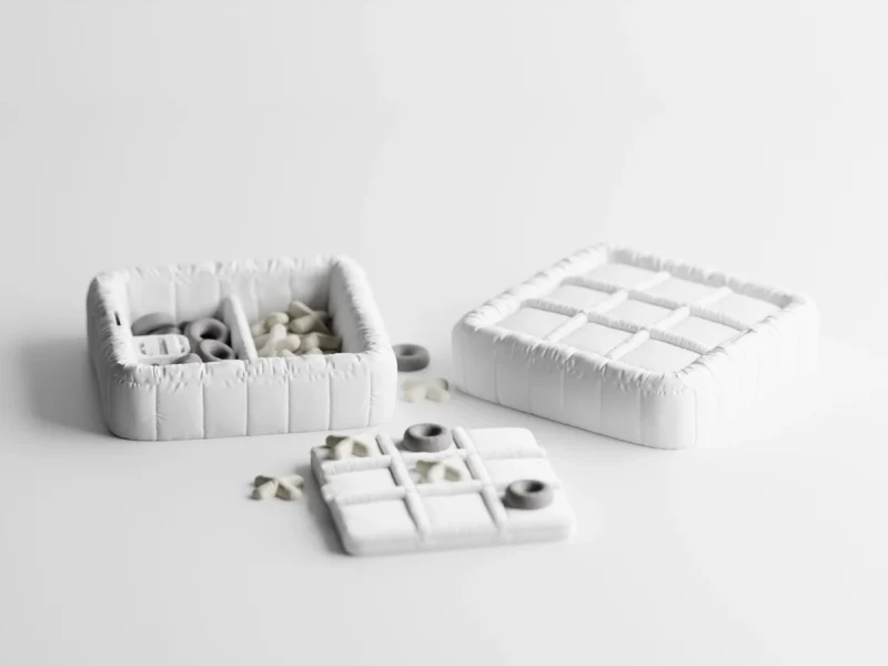 Ein edles Design Tic Tac Toe Spiel aus dem 3D-Drucker mit täuschend echter Stoffoptik und X-O-Spielfiguren, stilvoll platziert als interaktive Deko.