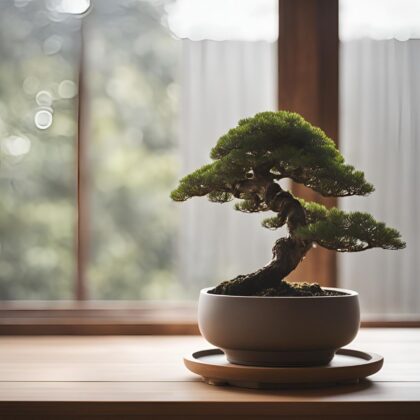 Geschwungene Bonsaischale im 3D-Druck mit einem kleinen Bonsai-Baum, platziert auf einem hellen Holztisch vor einem Fenster.