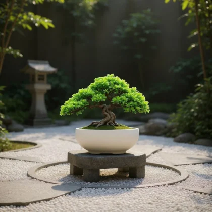 Minimalistische Bonsaischale im hellen 3D-Druck Design, bepflanzt mit einem kräftigen Bonsai-Baum, stilvoll platziert in einem japanischen Zen-Garten.