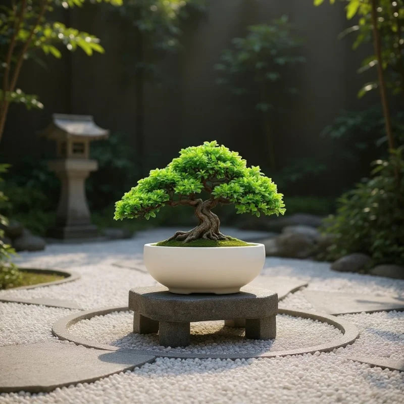 Minimalistische Bonsaischale im hellen 3D-Druck Design, bepflanzt mit einem kräftigen Bonsai-Baum, stilvoll platziert in einem japanischen Zen-Garten.