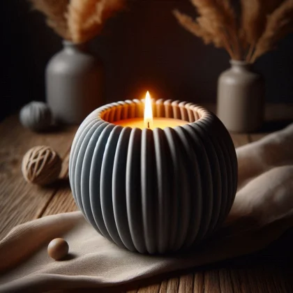 Ein graues bauchiges Teelichthalter Set aus dem 3D-Drucker, dessen Rillenstruktur durch das warme Licht des LED-Teelichts wunderschön betont wird.