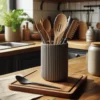 Ein dunkelgrauer gerippter Küchenutensilienhalter aus dem 3D-Drucker, gefüllt mit eleganten Holzlöffeln auf einer stilvollen Küchenarbeitsplatte.