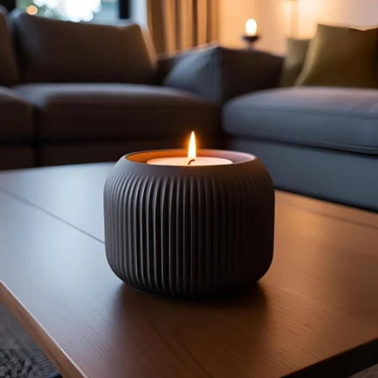 Ein dunkelgrauer minimalistischer Design Teelichthalter aus dem 3D-Drucker, der mit einem sanft leuchtenden LED-Teelicht auf einem Holztisch im Wohnzimmer präsentiert wird.