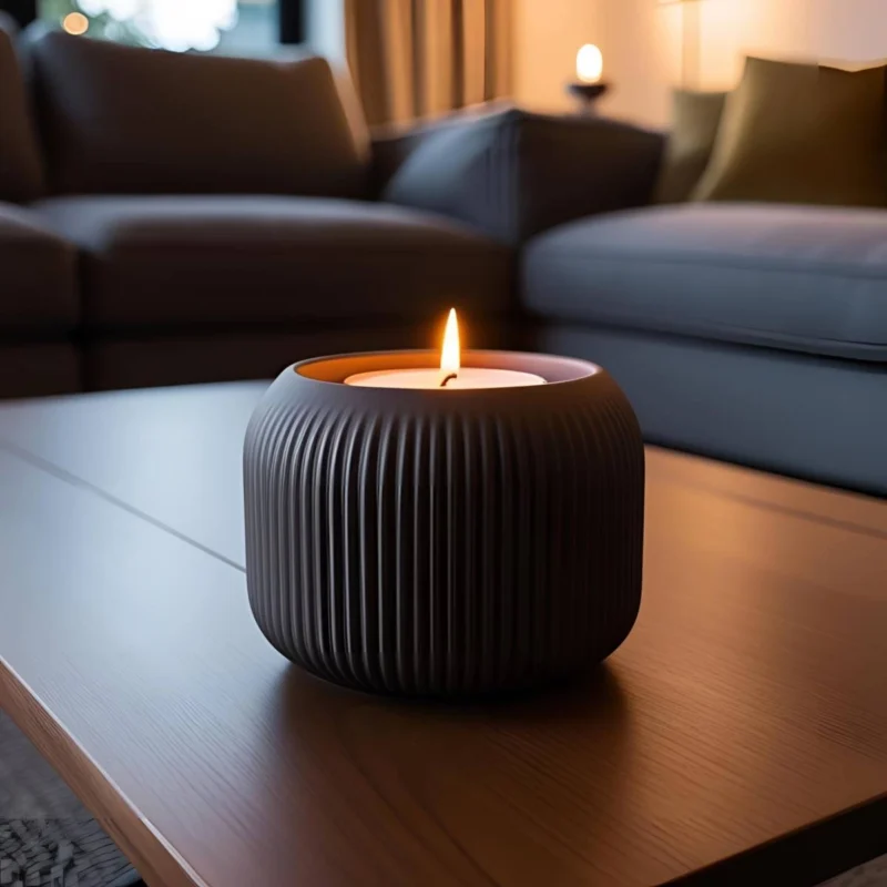 Ein dunkelgrauer minimalistischer Design Teelichthalter aus dem 3D-Drucker, der mit einem sanft leuchtenden LED-Teelicht auf einem Holztisch im Wohnzimmer präsentiert wird.