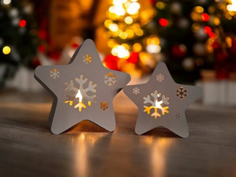 Nahaufnahme der filigranen Schneeflocken-Aussparungen von einem edlen Stern Teelichthalter, der im sanften, gemütlichen Licht der Weihnachtsbeleuchtung erstrahlt.