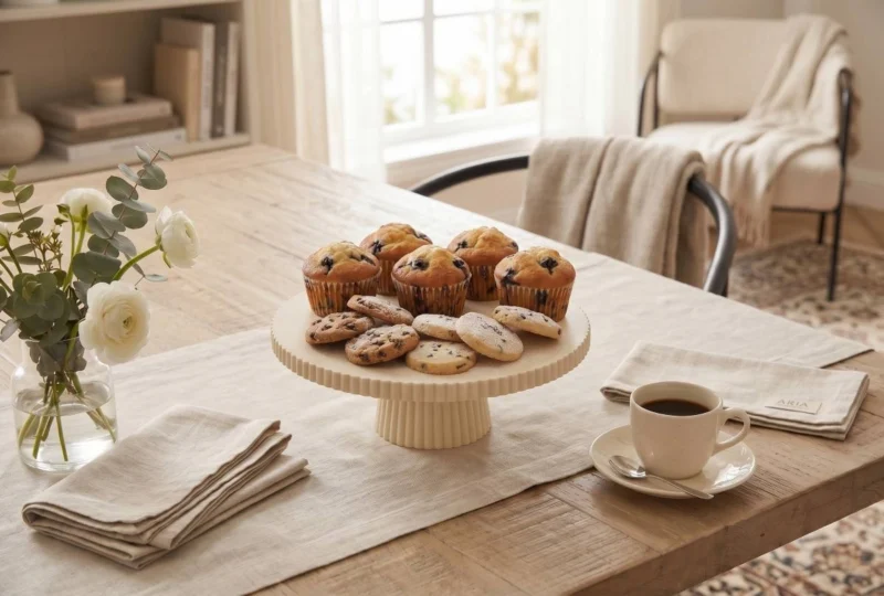 Eine beigefarbene gerippte Tortenplatte aus dem 3D-Drucker, auf der leckere Muffins und Guetzli stilvoll auf einem gedeckten Holztisch präsentiert werden.