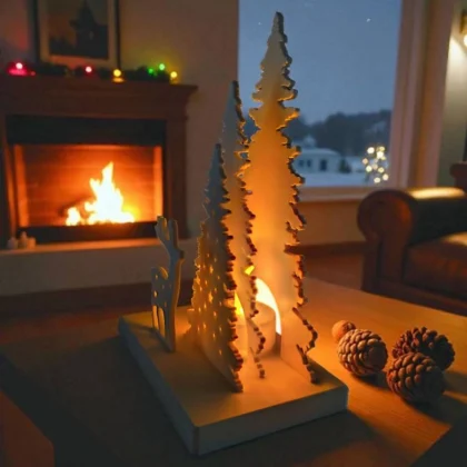 Ein beleuchteter Winterwald Teelichthalter aus dem 3D-Drucker, der mit einem leuchtenden LED-Teelicht eine gemütliche Weihnachtsstimmung im Wohnzimmer verbreitet.