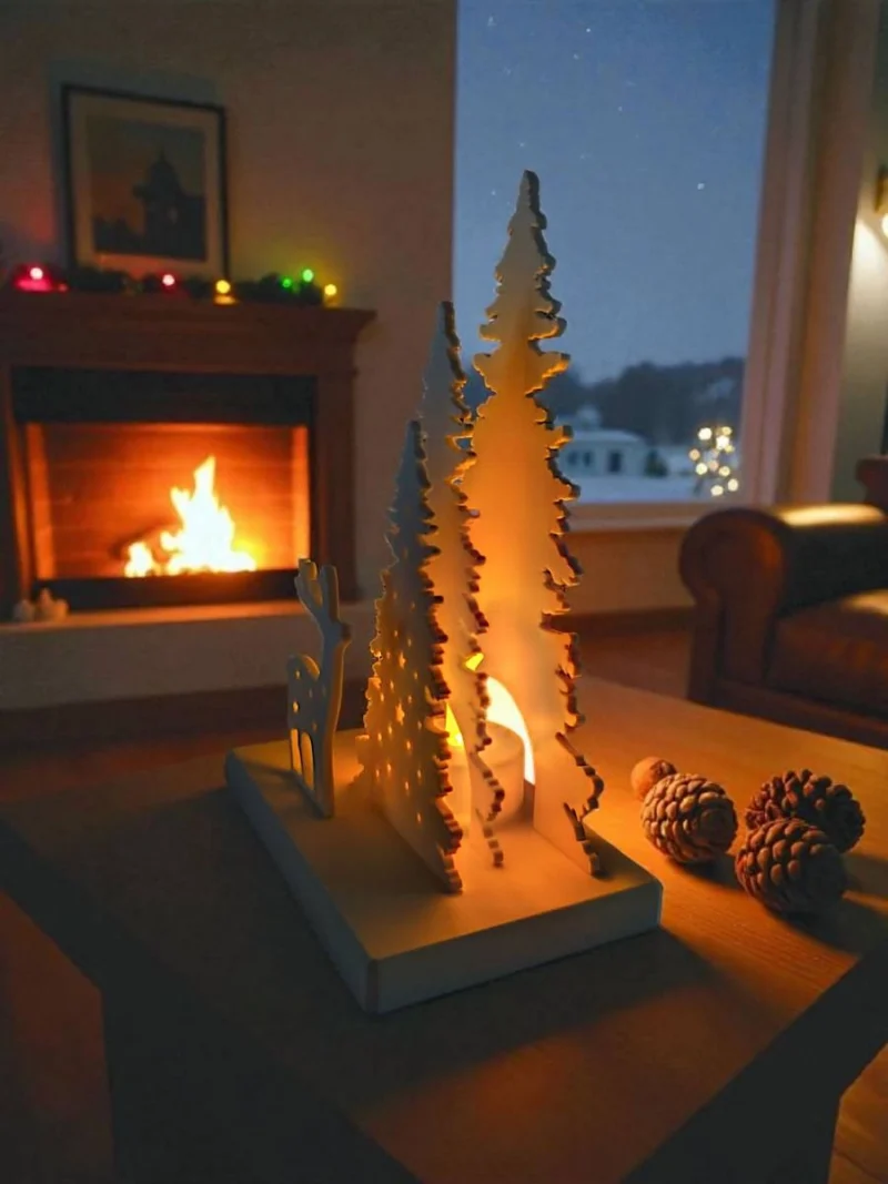 Ein beleuchteter Winterwald Teelichthalter aus dem 3D-Drucker, der mit einem leuchtenden LED-Teelicht eine gemütliche Weihnachtsstimmung im Wohnzimmer verbreitet.