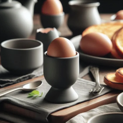 Ein dunkelgrauer moderner Eierbecher aus dem 3D-Drucker, in dem ein braunes Frühstücksei auf einem stilvoll gedeckten Holztisch steht.