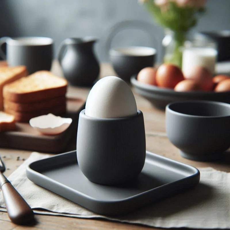 Ein dunkelgrauer Eierbecher mit Untersetzer aus dem 3D-Drucker, in dem ein weisses Frühstücksei auf einem elegant gedeckten Tisch steht.