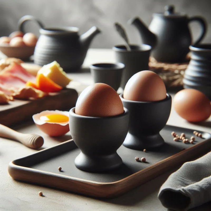 Zwei dunkelgraue moderne Eierbecher aus dem 3D-Drucker, in denen braune Frühstückseier auf einem elegant gedeckten Tisch stehen.