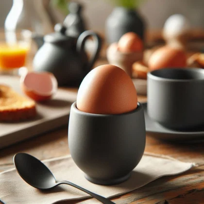 Ein dunkelgrauer moderner Eierbecher mit Ring aus dem 3D-Drucker, in dem ein braunes Frühstücksei auf einem elegant gedeckten Holztisch steht.