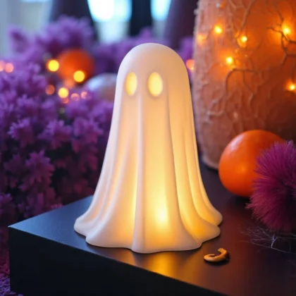 Ein weisser Halloween Gespenst Teelichthalter aus dem 3D-Drucker, der mit einem warmen LED-Licht von innen leuchtet und neben einem kleinen Kürbis auf einem Holztisch steht.