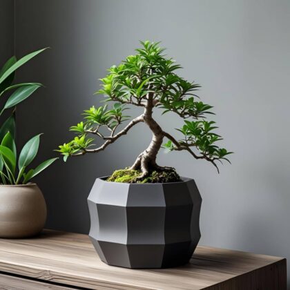 Ein dunkelgrauer zehneckiger Blumentopf aus dem 3D-Drucker, stilvoll bepflanzt mit einem kunstvollen kleinen Bonsai-Baum auf einem Holztisch.