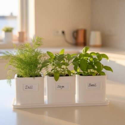 Weisses Kräutertopf Set mit Untersetzer und frischen Kräutern wie Dill und Basilikum auf einer hellen Kücheninsel.