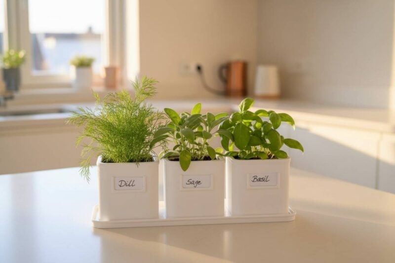 Weisses Kräutertopf Set mit Untersetzer und frischen Kräutern wie Dill und Basilikum auf einer hellen Kücheninsel.
