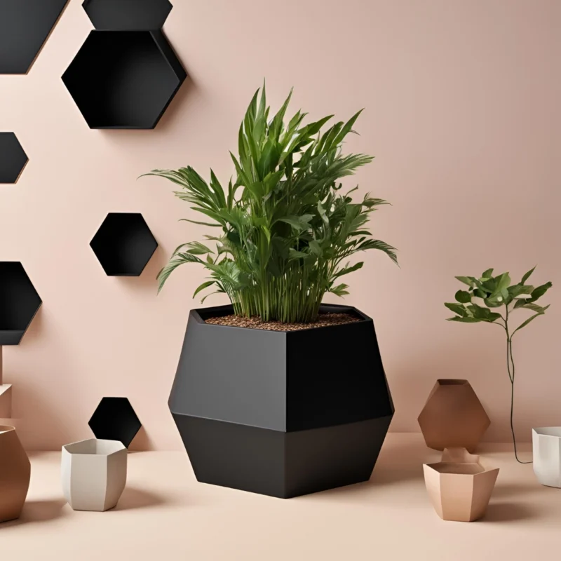 Moderner hexagonaler Blumentopf in tiefem Schwarz, bepflanzt mit einer grünen Zimmerpflanze, vor einem hellen, pfirsichfarbenen Hintergrund.