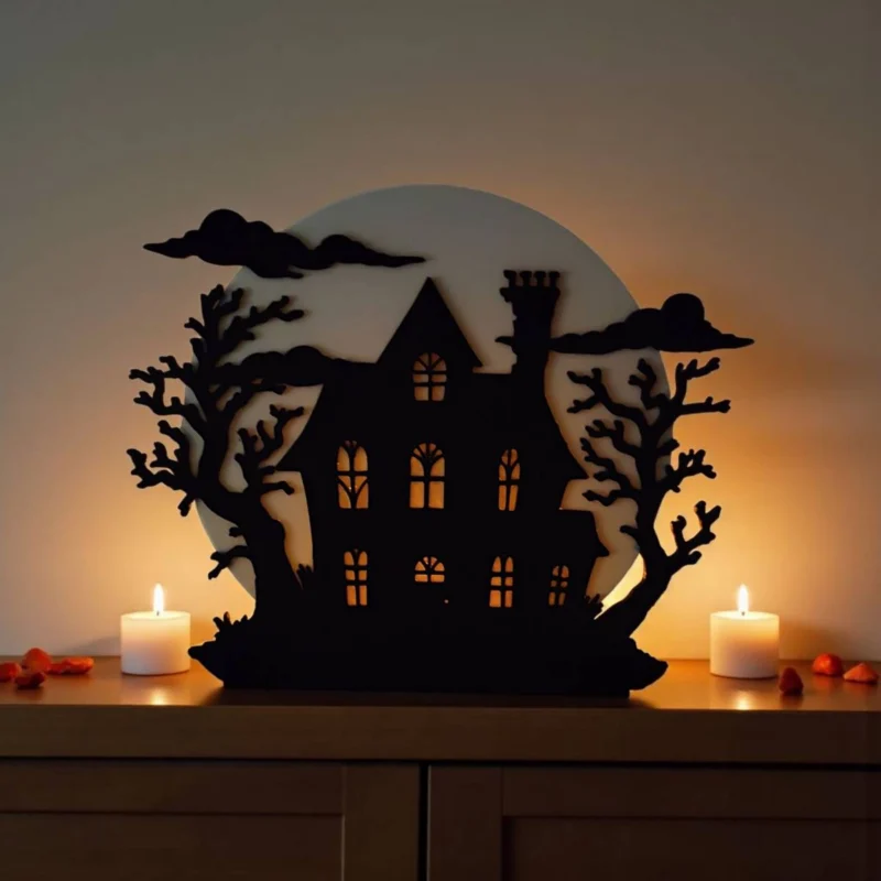 Ein beleuchteter Halloween Spukhaus Teelichthalter aus dem 3D-Drucker, der mit einem leuchtenden LED-Teelicht eine gruselige Stimmung auf einer dunklen Holzkommode verbreitet.