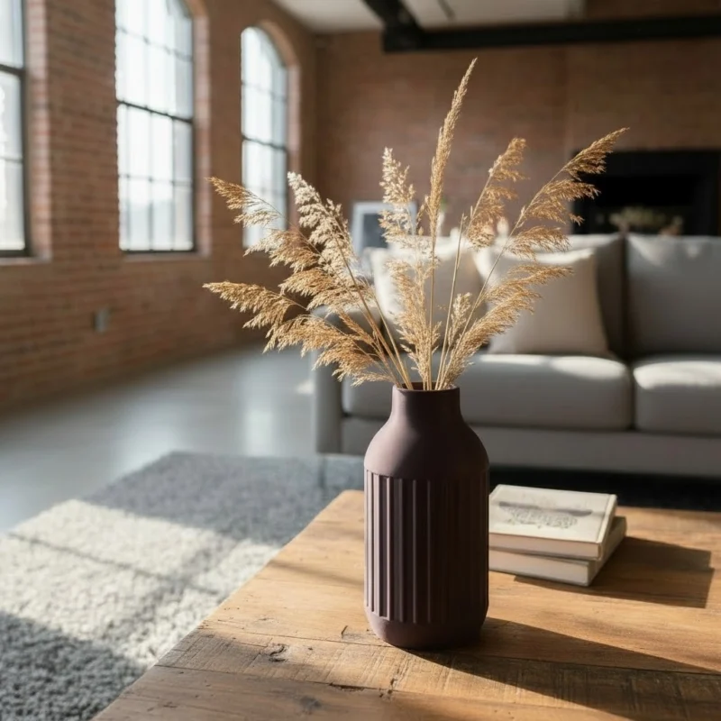 Ein modernes Loft mit einer Industrial Design Vase aus dem 3D-Drucker, dekoriert mit getrocknetem Pampasgras auf einer sonnigen Fensterbank.