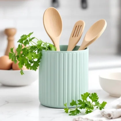 Ein pastellgrüner gerippter Utensilienhalter aus dem 3D-Drucker, stilvoll gefüllt mit hellen Holzlöffeln auf einer modernen Küchenarbeitsplatte.