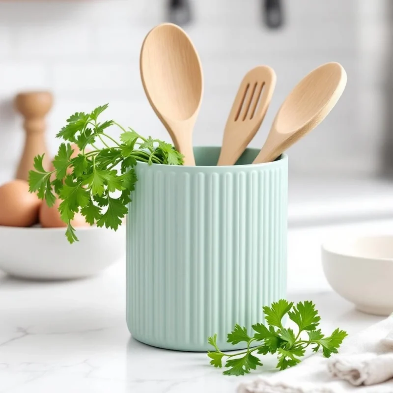 Ein pastellgrüner gerippter Utensilienhalter aus dem 3D-Drucker, stilvoll gefüllt mit hellen Holzlöffeln auf einer modernen Küchenarbeitsplatte.