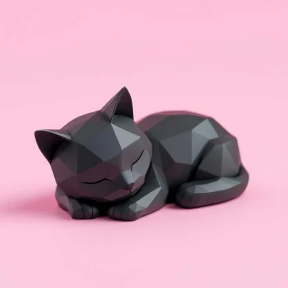 Nahaufnahme der sauberen, geometrischen Kanten der schlafenden Low Poly Katze, die eine beruhigende Wohnatmosphäre schafft.