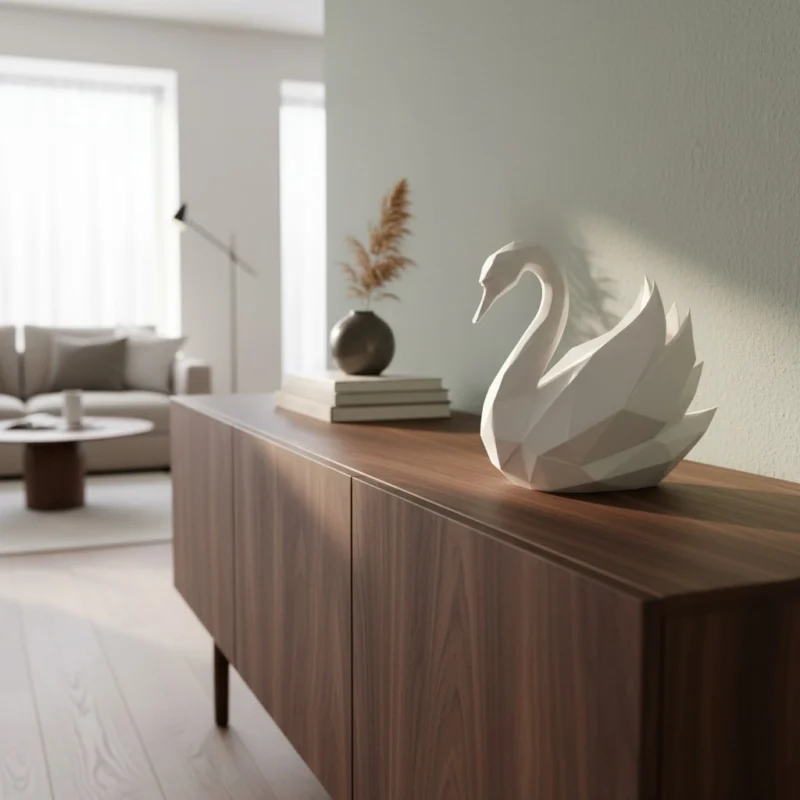 Eine weisse Low Poly Schwan Skulptur aus dem 3D-Drucker, die elegant auf einem dunklen Sideboard im modernen Wohnzimmer dekoriert ist.