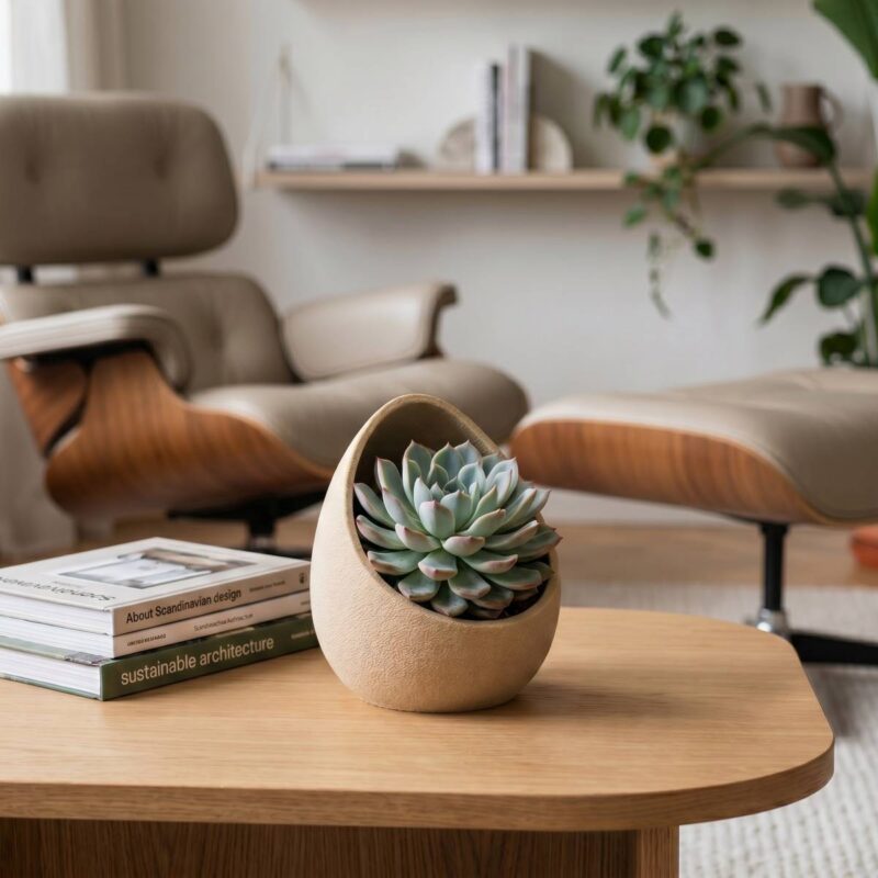 Ein beigefarbener Nest Sukkulenten Blumentopf aus dem 3D-Drucker mit rauer Oberfläche, bepflanzt mit einer Hauswurz, auf einem hellen Holztisch.