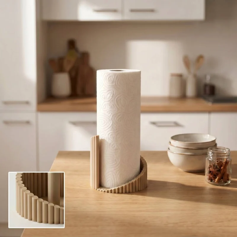 Ein beigefarbener gerippter Küchenrollenhalter "Forma" aus dem 3D-Drucker, der eine weisse Papierrolle auf einer eleganten Küchenarbeitsplatte hält.