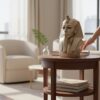 Eine majestätische Pharao Büste Skulptur aus dem 3D-Drucker mit seidenmattem Metallic-Glanz, die elegant auf einem kleinen Holztisch im Wohnzimmer steht.