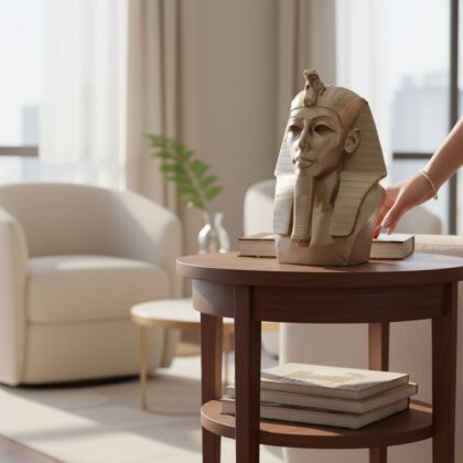 Eine majestätische Pharao Büste Skulptur aus dem 3D-Drucker mit seidenmattem Metallic-Glanz, die elegant auf einem kleinen Holztisch im Wohnzimmer steht.