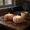 Ein Kürbis Teelichthalter aus dem 3D-Drucker, die mit leuchtenden LED-Teelichtern eine gemütliche, herbstliche Stimmung auf einem rustikalen Holztisch verbreiten.