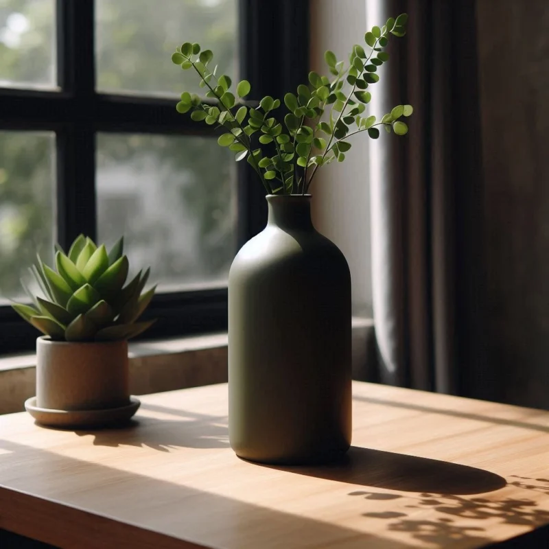 Eine dunkelgrüne minimalistische Feldflaschen Vase aus dem 3D-Drucker, die stilvoll mit grünen Zweigen auf einem Holztisch vor einem Fenster dekoriert ist.
