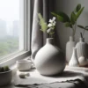 Eine weisse minimalistische Tropfen Vase aus dem 3D-Drucker, die elegant mit zarten Blumen auf einer hellen Fensterbank dekoriert ist.