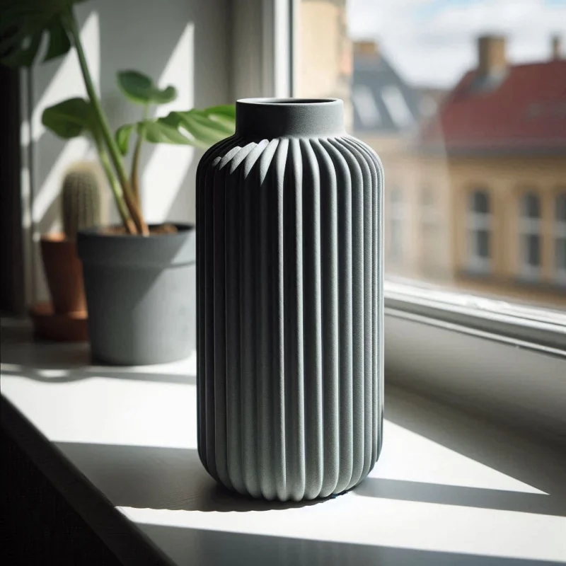 Eine schwarze minimalistische gerippte Vase aus dem 3D-Drucker, die stilvoll in einem hellen, sonnigen Raum auf einem glatten Holzboden präsentiert wird.