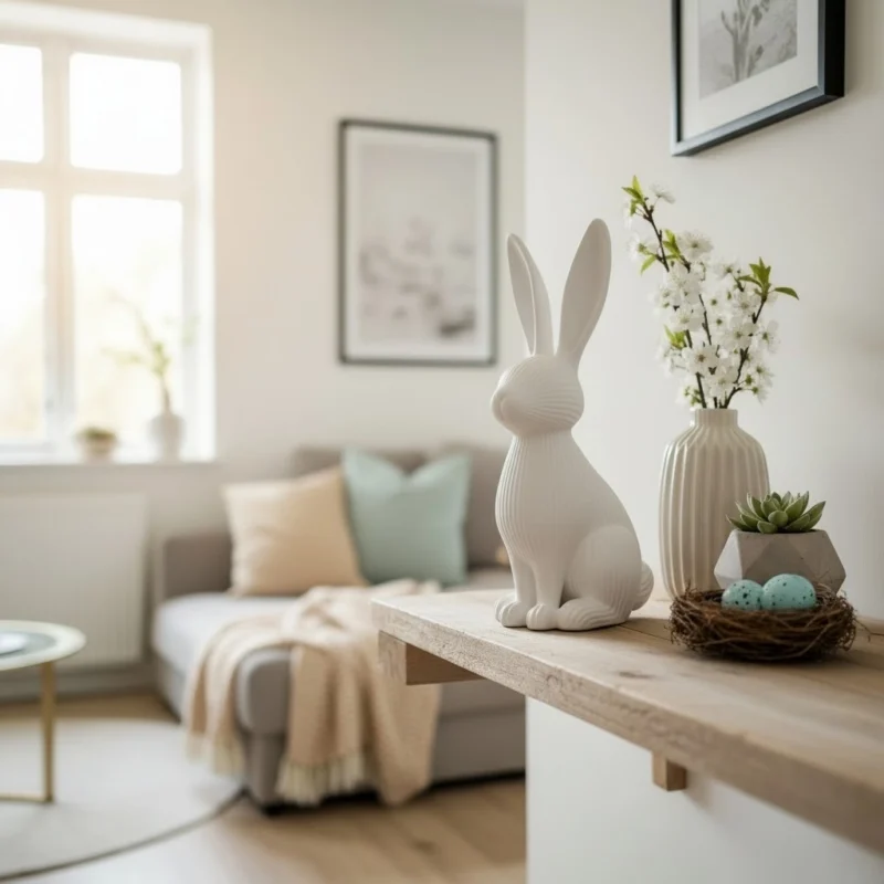 Eine weisse gerippte Osterhasen Figur aus dem 3D-Drucker, die stilvoll auf einem Holztisch neben frischen Frühlingsblumen und Ostereiern dekoriert ist.