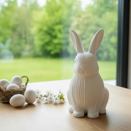 Eine weisse Osterhase Deko Figur aus dem 3D-Drucker, die stilvoll auf einem hellen Holztisch neben pastellfarbenen Ostereiern steht.