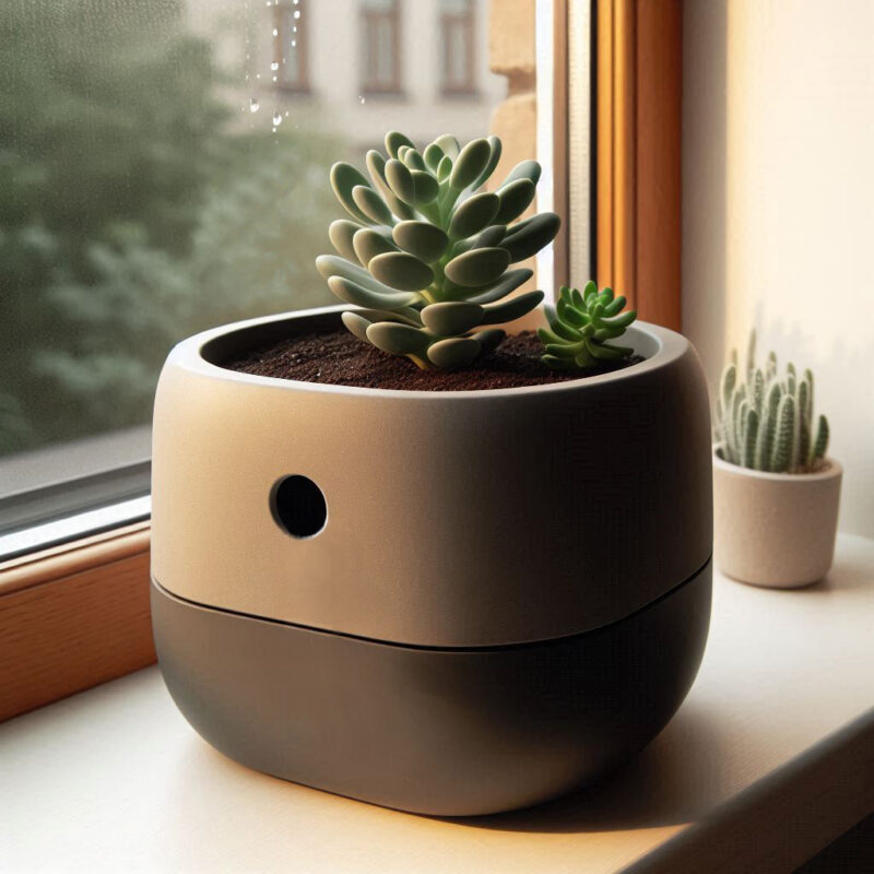 Minimalistischer Blumentopf in einem edlen, zweifarbigen Design, bepflanzt mit einer kleinen Sukkulente, die auf einem hellen Fensterbrett in der Sonne steht.