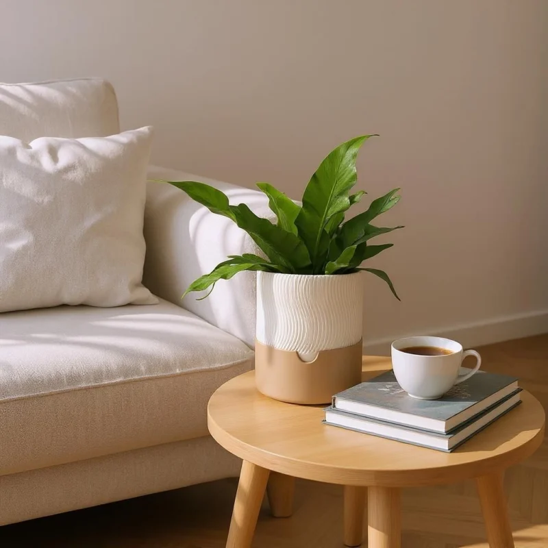Moderner Blumentopf mit Bewässerungssystem in Weiss und Beige auf einem hellen Holztisch.