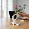 Ein elegantes Reagenzglas Vasen Set aus dem 3D-Drucker mit spezieller Fuzzy-Skin-Struktur, dekoriert mit einer rosa Rose auf einem Holztisch.