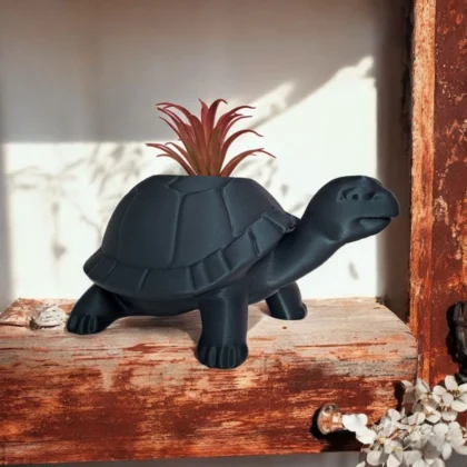 Dunkelgrüner Schildkröten Blumentopf aus dem 3D-Drucker, bepflanzt mit einer kleinen Grünpflanze, liebevoll präsentiert auf einem rustikalen Holztisch.