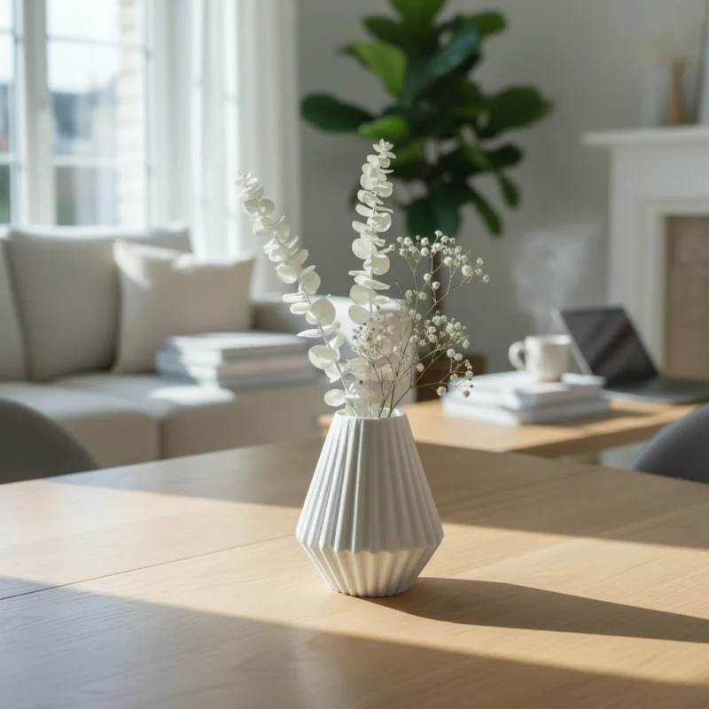 Eine weisse geometrische gerippte Vase aus dem 3D-Drucker, stilvoll dekoriert mit getrocknetem Pampasgras auf einem rustikalen Holztisch.