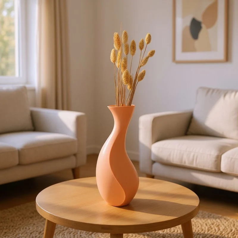 Eine sanft pfirsichfarbene minimalistische Vase Aura aus dem 3D-Drucker, die stilvoll mit getrocknetem Pampasgras auf einem hellen Holztisch steht.