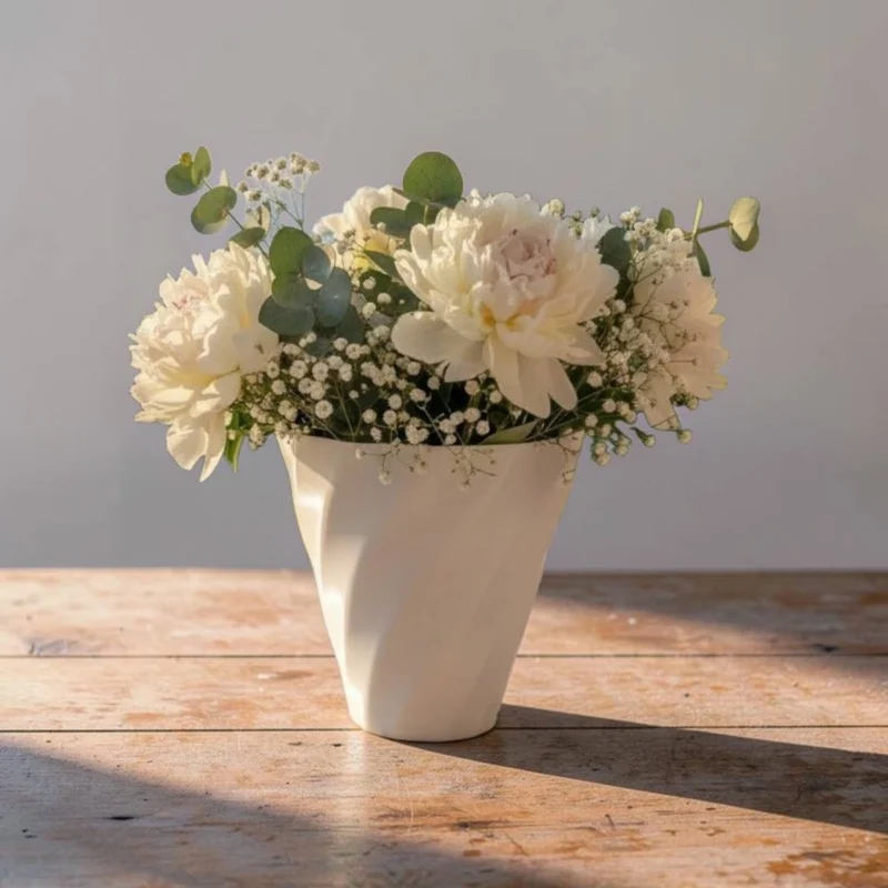 Eine weisse moderne gedrehte Vase aus dem 3D-Drucker, die mit einem frischen, hellen Blumenstrauss auf einem rustikalen Holztisch dekoriert ist.