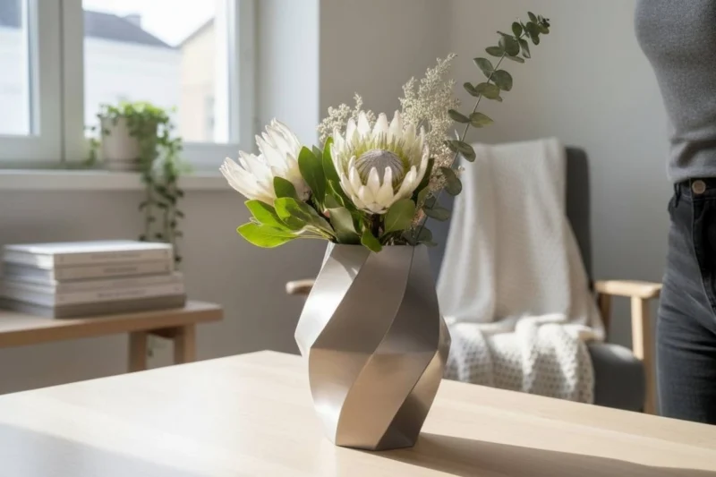 Eine weisse gedrehte Design Vase aus dem 3D-Drucker mit feinem Twist, dekoriert mit weissen Blumen auf einem hellen Holztisch.